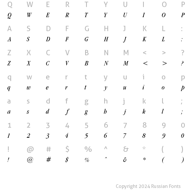 Character Map of Garamond cond Light-Italic