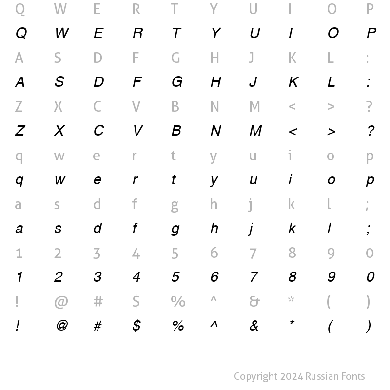 Character Map of Helvetica Oblique