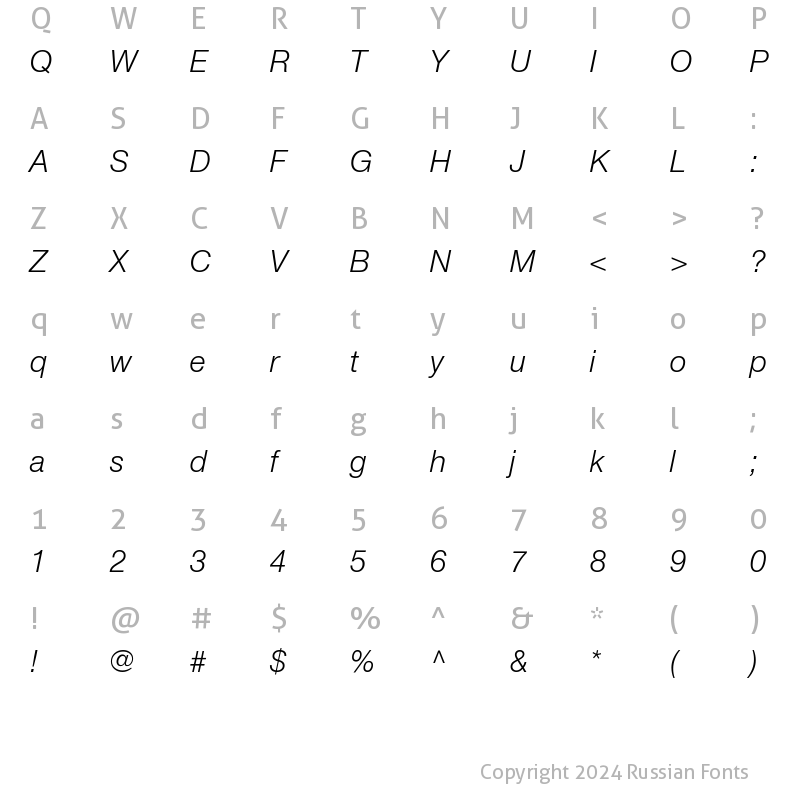 Character Map of HelveticaNeueCyr Light Italic