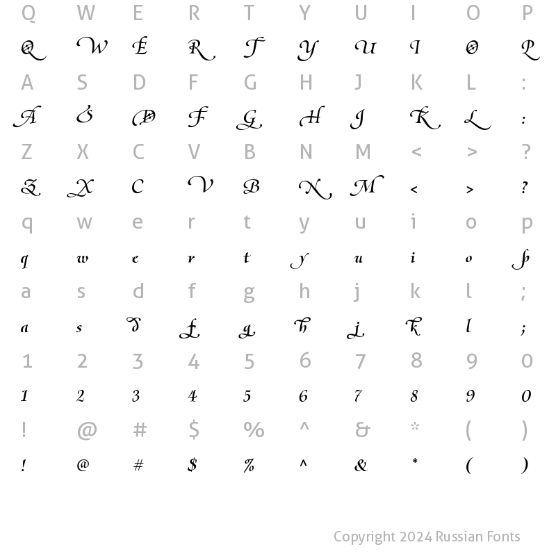 Character Map of Olietta script Lyrica BoldItalic