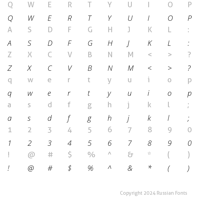 Character Map of Open Sans Light Italic