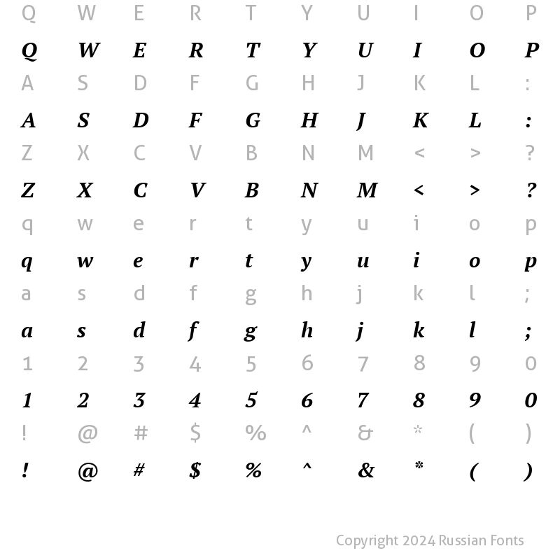 Character Map of PT Serif Bold Italic