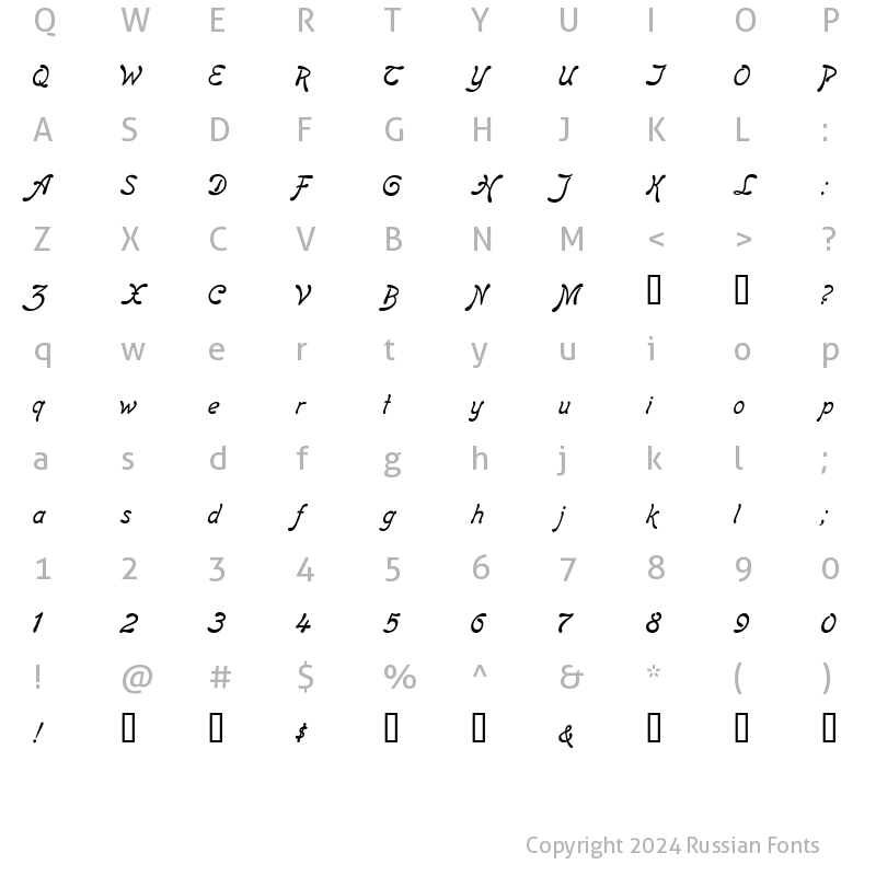 Character Map of Regina Kursiv Italic