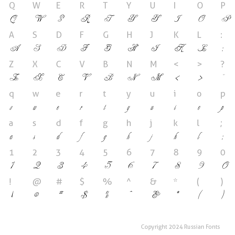 Character Map of Shampanskoe script Shampanskoe script